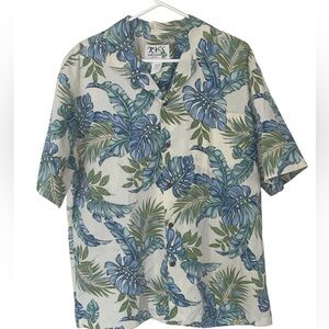 KY'S Hawaiian Shirt Men's Large Blue Tropical Beach Floral  100% Cotton Monstera